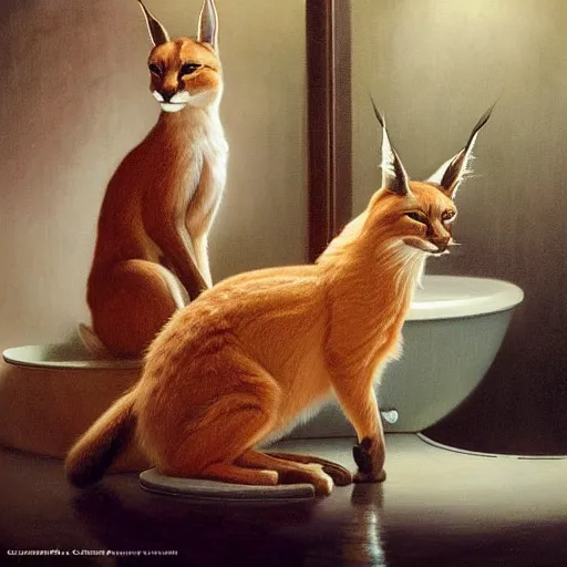 Image similar to cute caracal in bathtub, extremely detailed masterpiece, oil on canvas, low-key neon lighting, artstation, Blade Runner 2049, Roger Deakin’s cinematography, by J. C. Leyendecker and Peter Paul Rubens and Edward Hopper and Michael Sowa