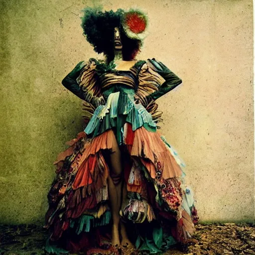 Image similar to damaged kodak portra 4 0 0, wetplate, photo of a surreal artsy dream scene,, very beautiful model, weird fashion, grotesque, extravagant dress, strange pose, carneval, with an animal, wtf, photographed by paolo roversi style