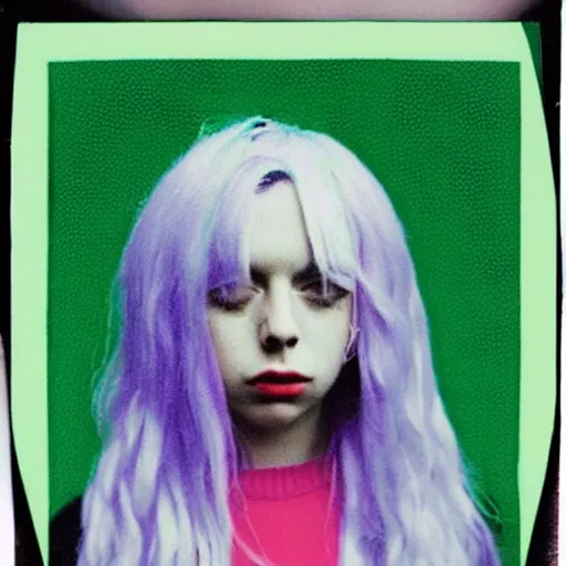 Image similar to billie eilish as a wool toy polaroid crumbled photo