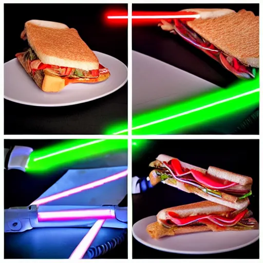 Prompt: an extremely high quality photo of a surreal neon-lightsaber-sandwich, ((sandwich)) creation, a hybrid mixture of lightsabersandwich filled with lightsaber neons and sandwichlightsaberneontube patties, neon tubesauce drizzled, lightsaber lettuce, glowing sandwich, promotional photo, 4k polymer clay food photography