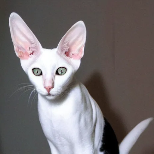 Prompt: white oriental shorthair cat with the largest most gigantic huge ears