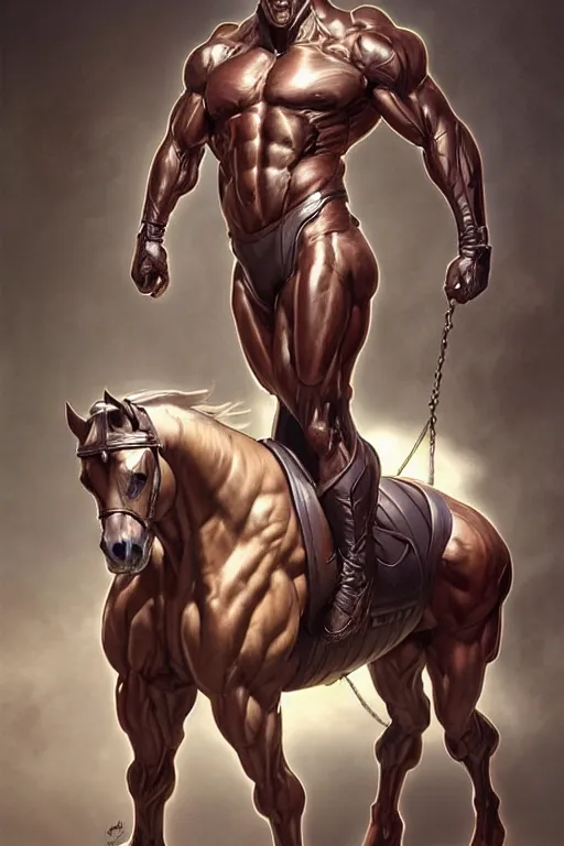 Prompt: splash art of an exaggeratedly muscular anthropomorphic horse at a research facility wearing a power - restricting suit, leather suit, clothing, highly detailed, digital painting, artstation, concept art, sharp smooth focus, illustration, art by artgerm and greg rutkowski and alphonse mucha