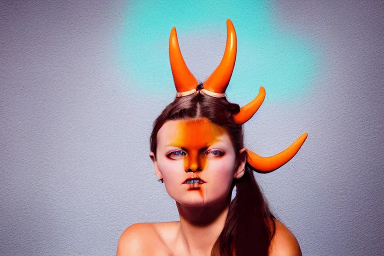 Image similar to pretty demon girl with horns photograph in the style of clemens ascher, colorful, realistic, 8 k