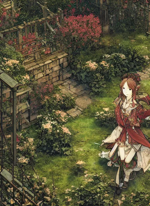 Prompt: the emerald herald in the garden, hidari, color page, tankoban, 4K, tone mapping, Akihiko Yoshida