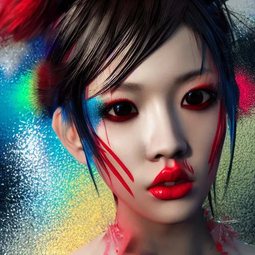 Image similar to Japanese model with maximalist hair style and makeup, bright colors, fashion model, unreal engine octane, red and white, portrait, gliter, depth of field, 8k, hyper detailed, intricate, trending on artstation