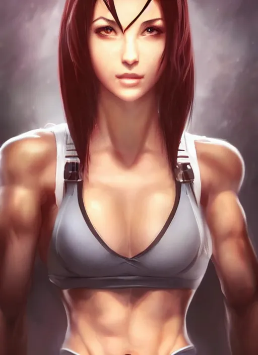 Image similar to beautiful portrait of a gorgeous personal trainer who looks like Tifa Lockhart , character design by Ross Tran, artgerm detailed, soft lighting