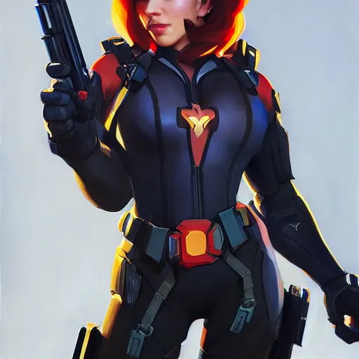 Image similar to greg manchess portrait painting of black widow as overwatch character, medium shot, asymmetrical, profile picture, organic painting, sunny day, matte painting, bold shapes, hard edges, street art, trending on artstation, by huang guangjian and gil elvgren and sachin teng