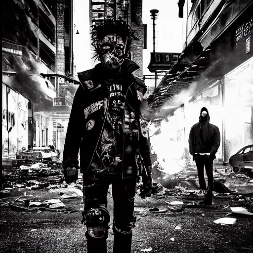 Prompt: post apocalyptic city, revolutionary punk masked up punk, fire, damaged, trash, full shot, by liam wong