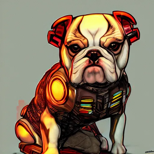 Prompt: « a comic styled cyborg bulldog sitting down, cyberpunk digital art by greg rutkowsky, illustration, future tech, sketchfab »