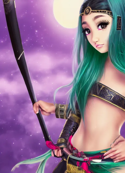 Prompt: highly detailed beautiful photo of a mix of ariana grande and madison beer as a female samurai, practising sword stances, symmetrical face, beautiful eyes, emerald - green hair, realistic anime art style, 8 k, award winning photo, pastels colours, action photography, 1 / 1 2 5 shutter speed, sunrise lighting