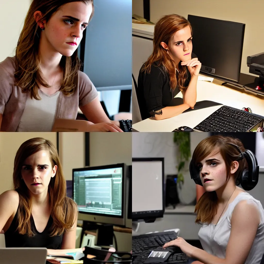 Prompt: Furious Emma Watson on her computer playing World of Warcraft.