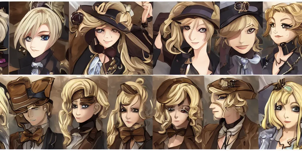 Image similar to visual novel sprites of a blonde haired steampunk detective girl, 2 d,