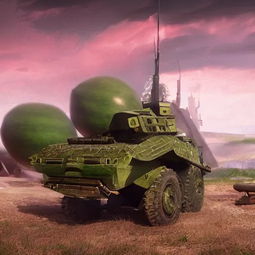 Prompt: Very very very very highly detailed Watermelon military vehicle with epic weapons, on a battlefield in russian city as background. Less Watermelon a lot more military vehicle, Photorealistic Concept 3D digital art in style of Caspar David Friedrich, super rendered in Octane Render, epic dimensional light