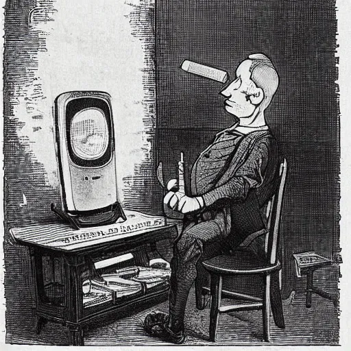 Prompt: a sick man holding a video game controller and looking at a television, suffering from the dreadful consequences of long-term gaming, Victorian medical illustration, anti-gamer propaganda