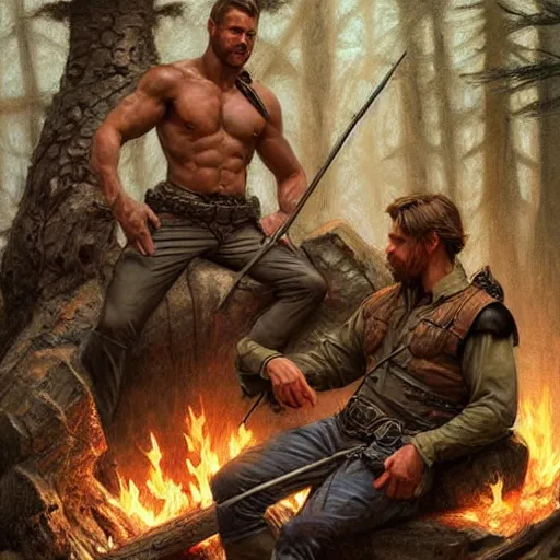 Prompt: Rugged male rangers relaxing by the fire, relaxed, D&D, muscular, after hunting, upper body, fantasy, intricate, elegant, highly detailed, digital painting, artstation, concept art, smooth, sharp focus, illustration, art by artgerm and greg rutkowski and alphonse mucha