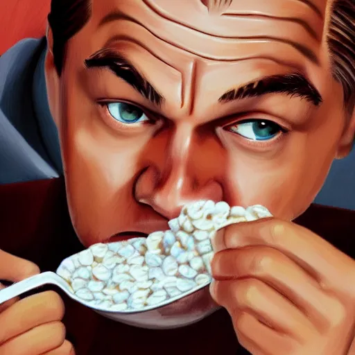 Prompt: a detailed portrait of leonardo dicaprio eating cereal with a fork, art illustration, incredibly highly detailed and realistic, 8 k, sharp focus