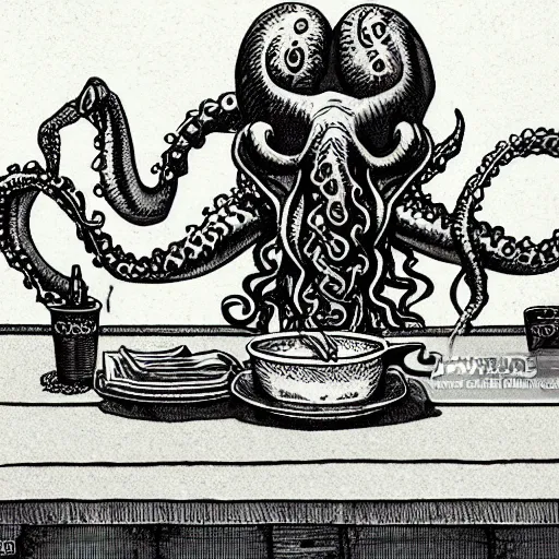 Prompt: Cthulhu monster using its tentacle sitting at table eating ramen H.P. Lovecraft