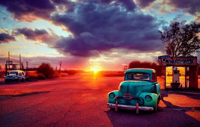 Image similar to a sunset light landscape with historical route 6 6, lots of sparkling details and sun ray ’ s, blinding backlight, smoke, volumetric lighting, colorful, octane, 3 5 mm, abandoned gas station, old rusty pickup - truck, beautiful epic colored reflections, very colorful heavenly, softlight