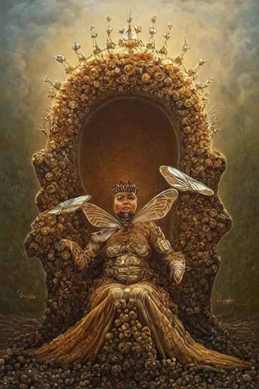 Prompt: the personification of a queen bee sitting on her hive throne. art by tomasz alen kopera.