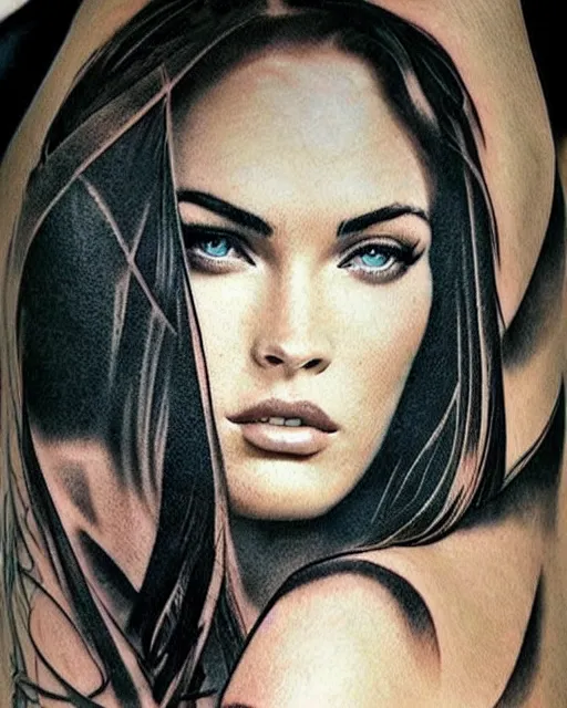 Image similar to creative double exposure effect tattoo design sketch of megan fox with beautiful mountains, realism tattoo, in the style of matteo pasqualin, amazing detail, sharp