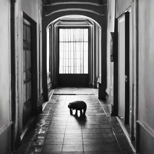 Prompt: an endless hallway with shallow water at the bottem of it with a hippo, liminal highly detailed, backrooms,