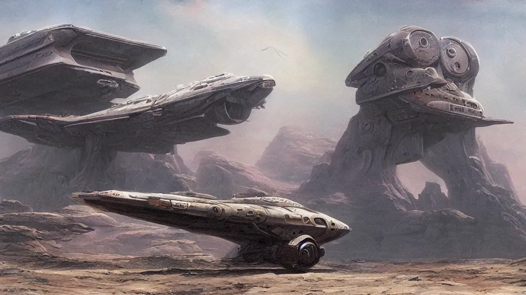 Image similar to organic dropship lander by john schoenherr and jim burns, epic cinematic matte painting