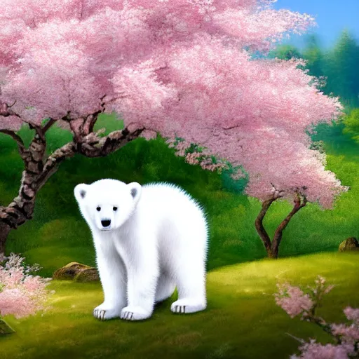 Prompt: cute fluffy white polar bear cub sitting under a pink cherry blossom tree japanese landscape detailed painting 4K