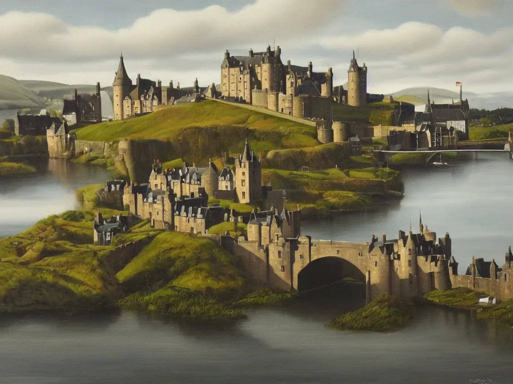 Prompt: A detailed oil painting of a beautiful Scotland town, castle, bridge, loch, in the style of Michiel Schrijver, isometric