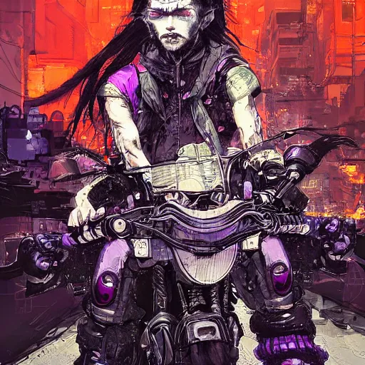 Image similar to portrait painting of a street samurai with long purple hair riding a motorcycle through a burning cyberpunk slum, glitch, concept art, intricate details, eerie, highly detailed, art by tsutomu nihei