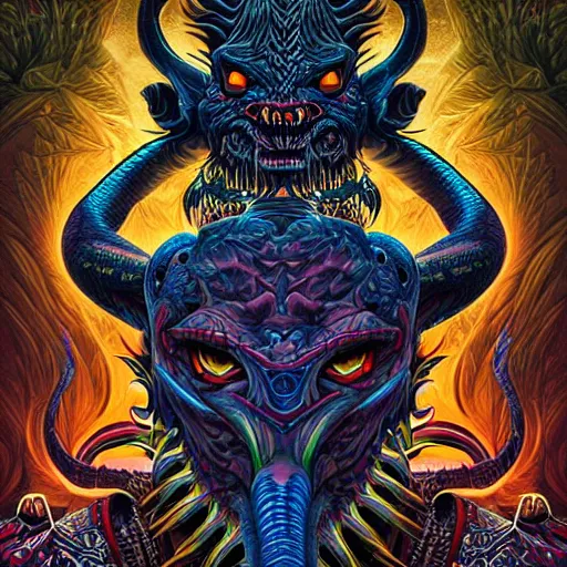 Image similar to back view of barong family member, wiwek, mara demon, one single tribe member, jungle, one single mask, dark, ancient warrior, snake, bull, lizard, alien, dragon, tribal, inner glow, art by dan mumford and justin gerard