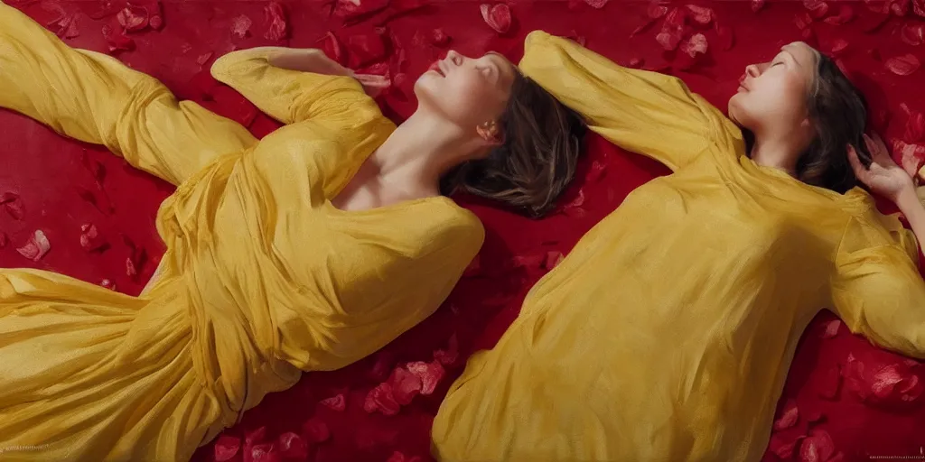 Prompt: beautiful oil matte portrait painting, top down view of a young woman lying on a red bed sheet wearing a mustard yellow dress covered in rose petals, wonderful masterpiece highly detailed, beautiful cinematic light deep focus, elegant, digital painting, smooth, sharp focus, golden ratio, dramatic illumination, ultra realistic, 8 k, art by jimmy law