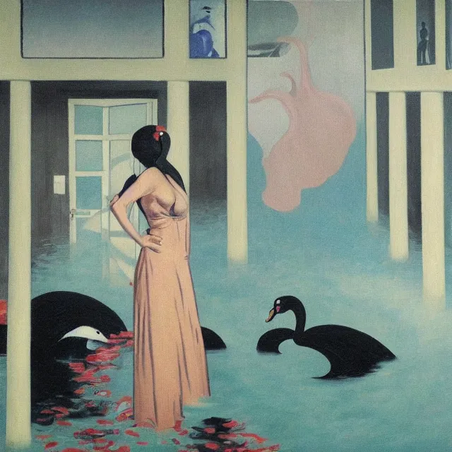 Image similar to tall female emo artist in her flooded apartment, water gushing from ceiling, painting of flood waters inside an artist's home, a river flooding indoors, pomegranates, pigs, ikebana, zen, water, octopus, river, rapids, waterfall, black swans, canoe, berries, acrylic on canvas, surrealist, by magritte and monet