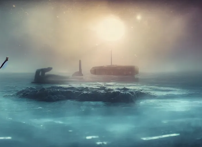 Image similar to astronaut holding a flag in an underwater desert. a submarine is visible in the distance. dark, concept art, cinematic, dramatic, atmospheric, 8 k, trending on artstation, blue, fish, low visibility, fog, ocean floor, christopher nolan, interstellar