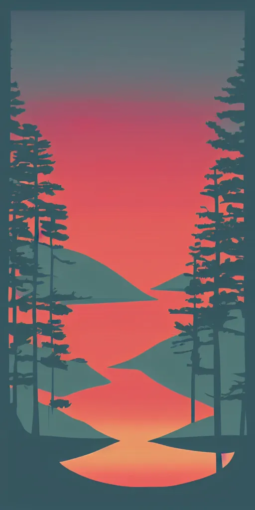 Prompt: shirt design, vector style, lake in forest of pines, big red sun, fresh modern look, made with photoshop,