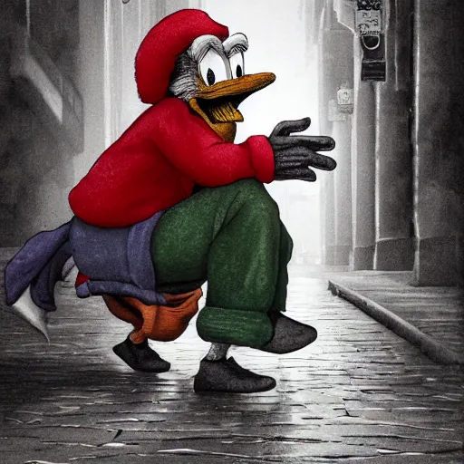 Prompt: hyper realistic digital painting of scrooge mcduck homeless on the street, rough and ripped clothing, detailed, 8 k, cold, digital art, bold, desaturated colors, cinematic