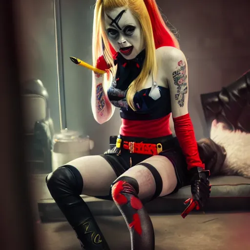 Prompt: detailed photograph of avril lavigne as harley quinn with stockings, 8 k, by greg rutkowski, artgerm, global illumination