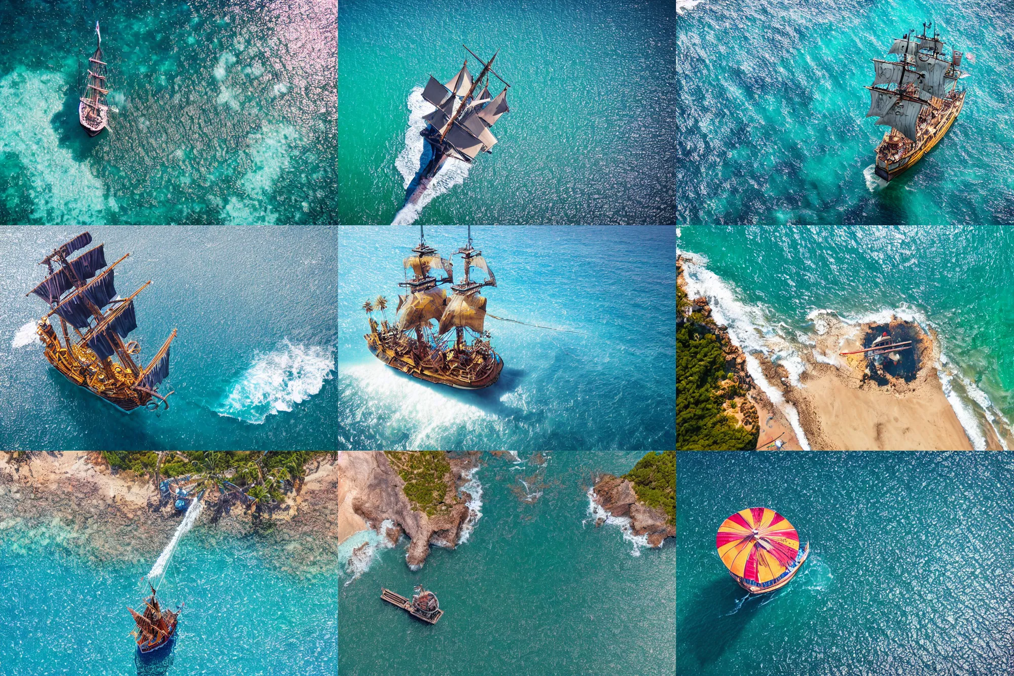 Prompt: pirate galleon, hd aerial photography, ocean background, lens flare