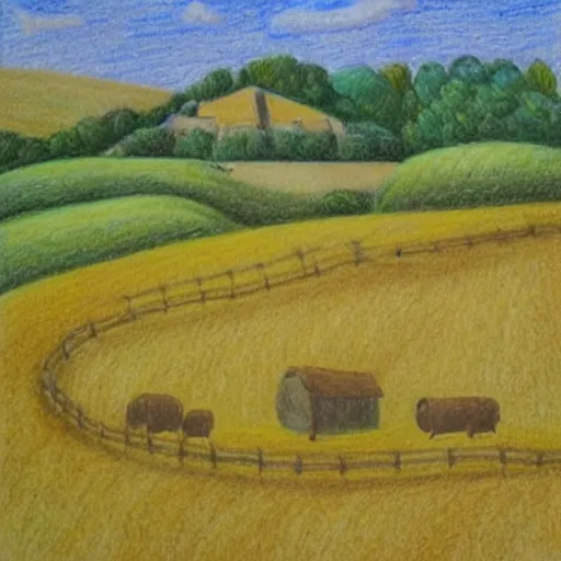 Prompt: This drawing captures the beauty of the countryside in all its simplicity. The rolling hills and fields are bathed in a warm, golden light, and the peaceful scene is punctuated by a few small houses and a winding road. The brushwork is loose and expressive, and the overall effect is one of serenity and calm. 1970s grainy vintage illustration, Mayan by Hiroshi Nagai, by Carlo Crivelli playful, improvisational