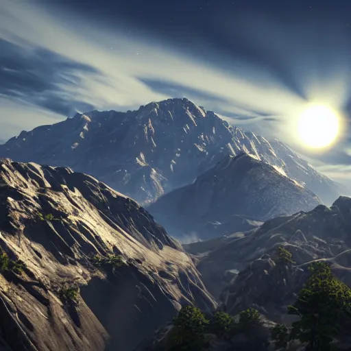 Prompt: small dark black sun above mountains, highly detailed, photorealistic shot, bright studio setting, studio lighting, crisp quality and light reflections, unreal engine 5 quality render