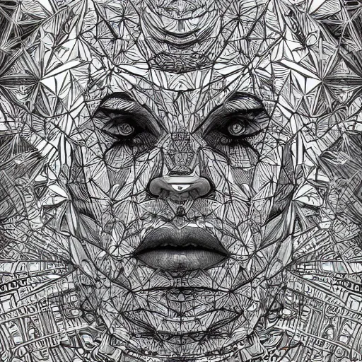 Prompt: Geometrically surreal Artificial Intelligent Faces, extremely high detail, photorealistic, intricate line drawings, dotart, album art in the style of James Jean