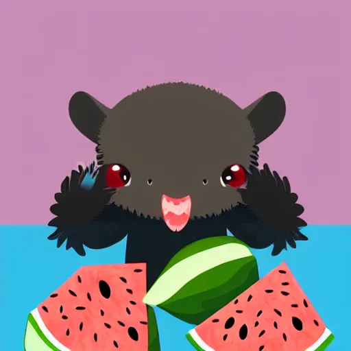 Image similar to cute kawaii realistic fruit bat eats a watermelon piece, digital art, vector illustration, shutterstock, high quality, illustration, art, detailed, 3 d render, sticker,