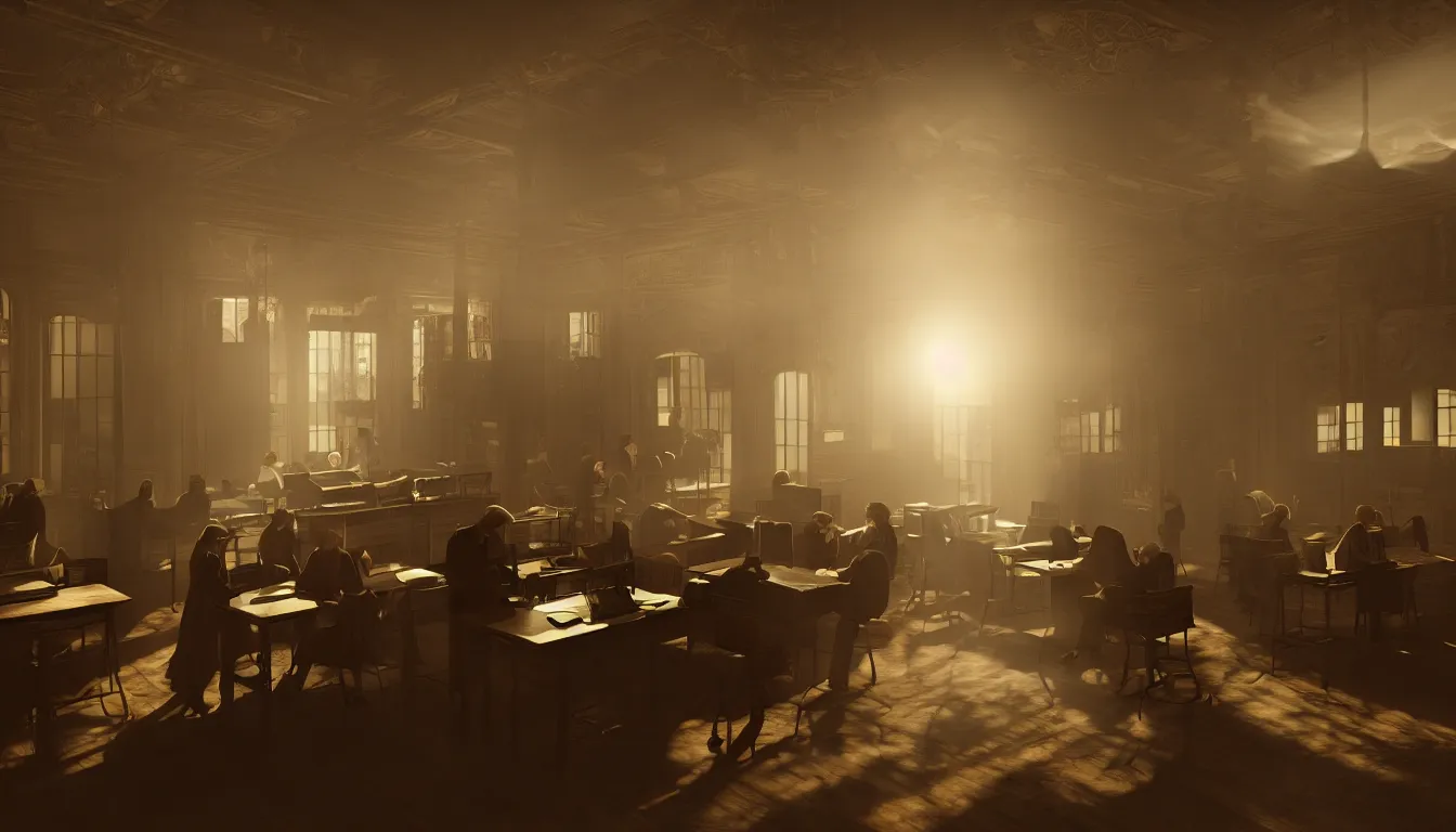 Image similar to a victorian internet cafe, volumetric light, morning light, cinematic photo, epic scene