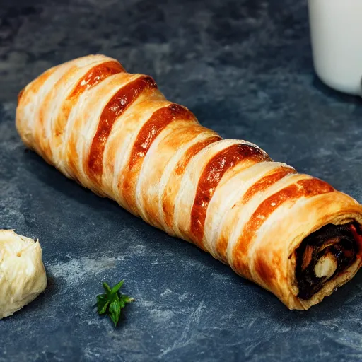 Image similar to ceaseless watcher, turn your gaze upon this wretched greggs sausage roll, photograph