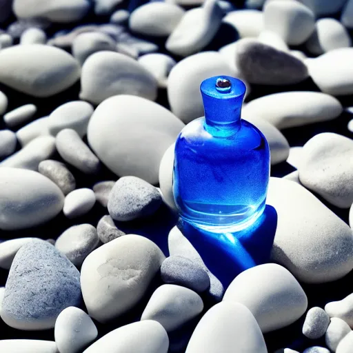 Image similar to blue perfume bottle lying on white pebbles close shot, white background, zen, light, modern minimalist f 2 0 clean and fresh
