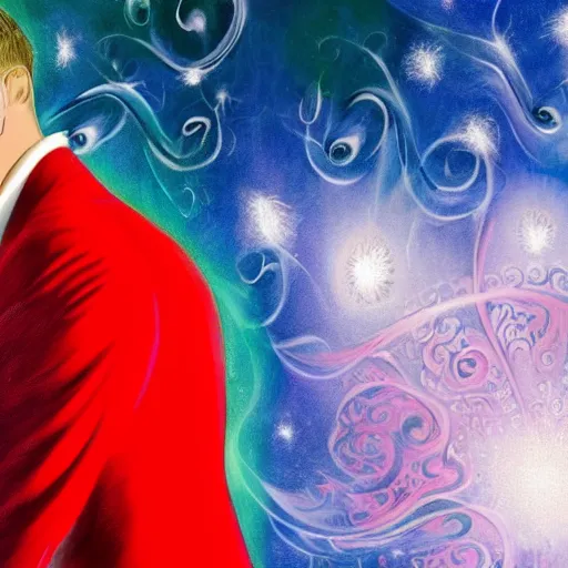 Image similar to A beautiful digital art of a man in a red suit with a blue background. The man's eyes are closed and he has a serene, content look on his face. His arms are crossed in front of him and he appears to be floating in space. The blue background is swirling with geometric shapes and patterns. by Ramon Casas, by Gabriele Münter sinister