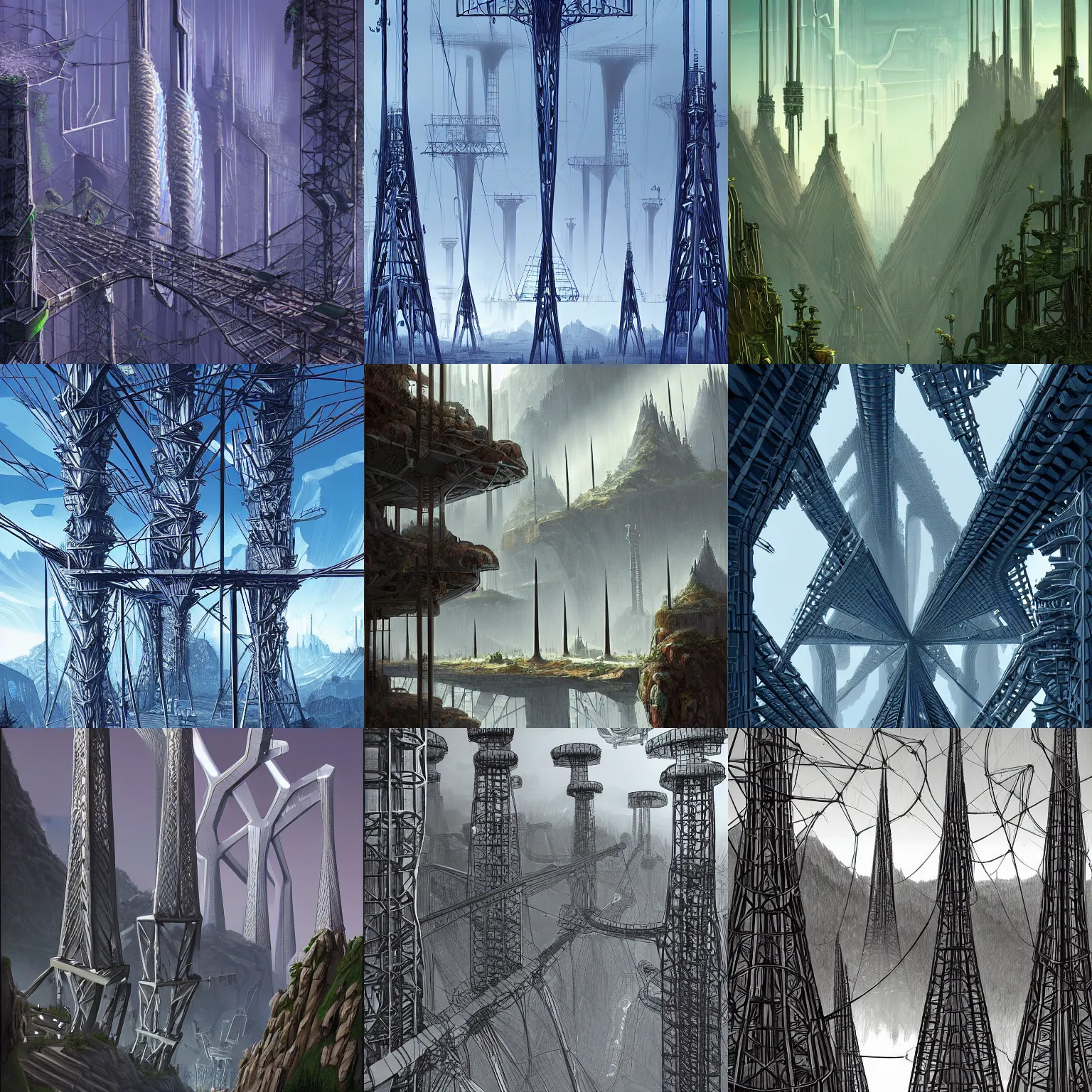 Prompt: cabels connecting towers, organic structure, platforms, bridges, gravity falls and is going up again by raphael lacoste and giger