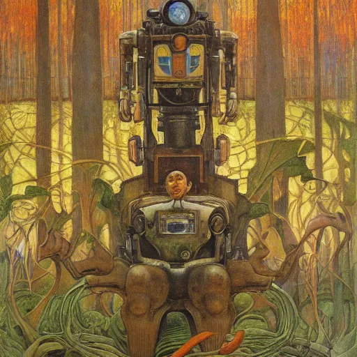Prompt: robot seizes his forest crown, by Annie Swynnerton and Diego Rivera and Elihu Vedder, symbolist, dramatic lighting, elaborate geometric ornament, tattoos, Art Brut, soft cool colors,smooth, sharp focus, extremely detailed, Adolf Wölfli and Donato Giancola