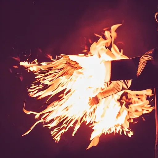 Image similar to photo of a man with flaming black wings and shooting fire out of his hands