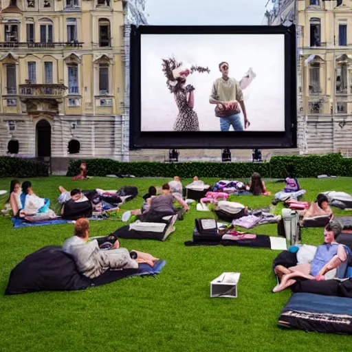 Prompt: the mq's film festival frameout shows films from predominantly domestic production on a summer outdoor cinema screen in the courtyard of the museumsquartier vienna