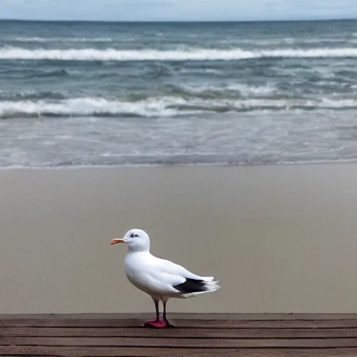 Image similar to a photo still of steven seagull at the pier next to the ocean